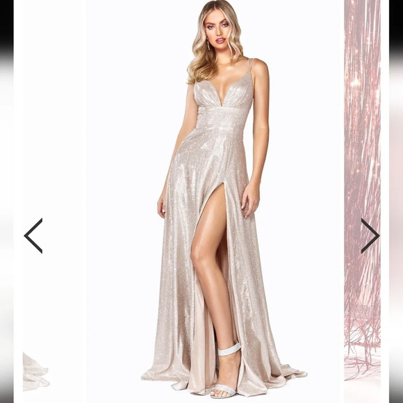 CINDERELLA DIVINE sz.2 Metallic Glitter Evening Formal Dress Champagne High Slit - Picture 2 of 16